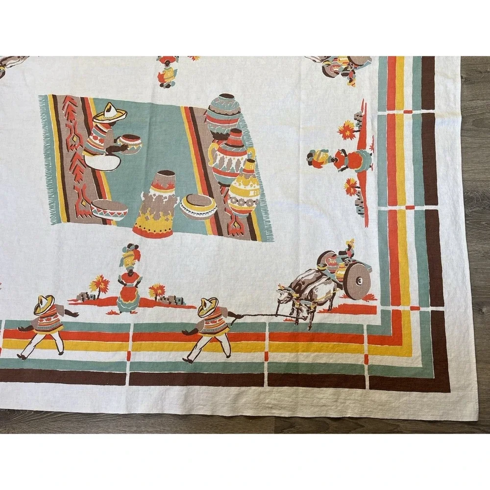 Vintage Startex Tablecloth 49x63 Vibrant Mexican Folk Art Southwestern MCM 1950s